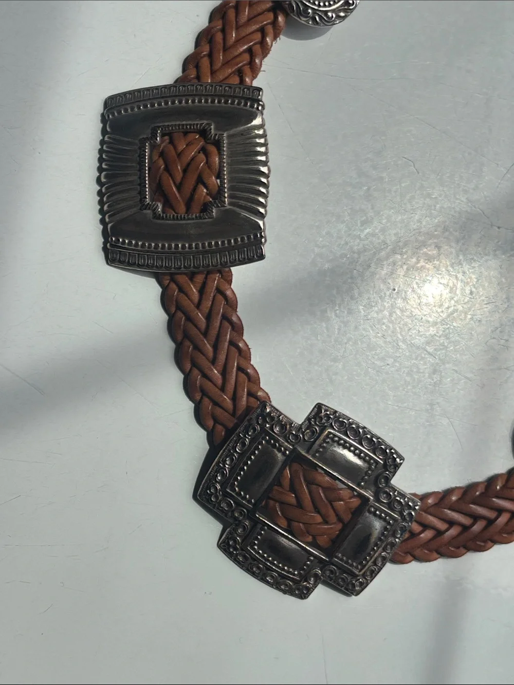 VTG 1994 Brighton Tan Braided Leather Belt with Silver Heart + Cross Conchos